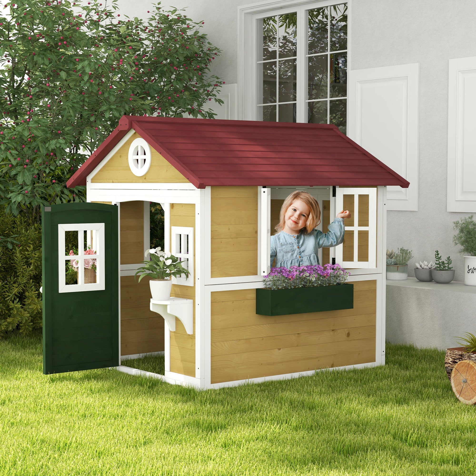 Kids Outdoor Cabin, Outdoor Kids House, with door, windows, and planters, garden cabin for children 3-8 years old, 114 x 126.4 x 135 cm, beige