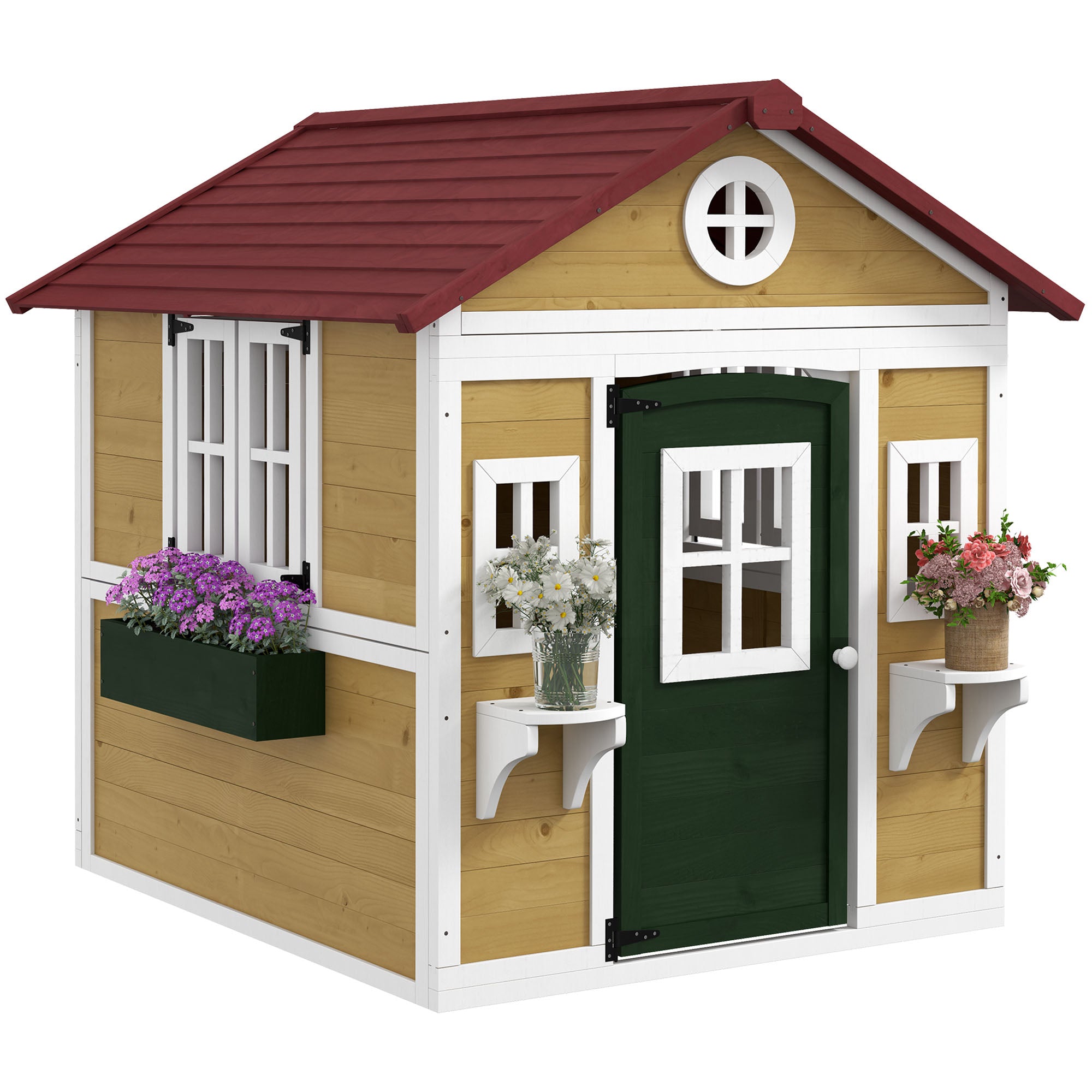 Kids Outdoor Cabin, Outdoor Kids House, with door, windows, and planters, garden cabin for children 3-8 years old, 114 x 126.4 x 135 cm, beige