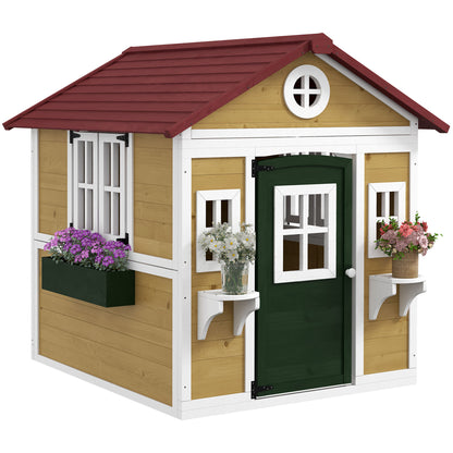 Kids Outdoor Cabin, Outdoor Kids House, with door, windows, and planters, garden cabin for children 3-8 years old, 114 x 126.4 x 135 cm, beige