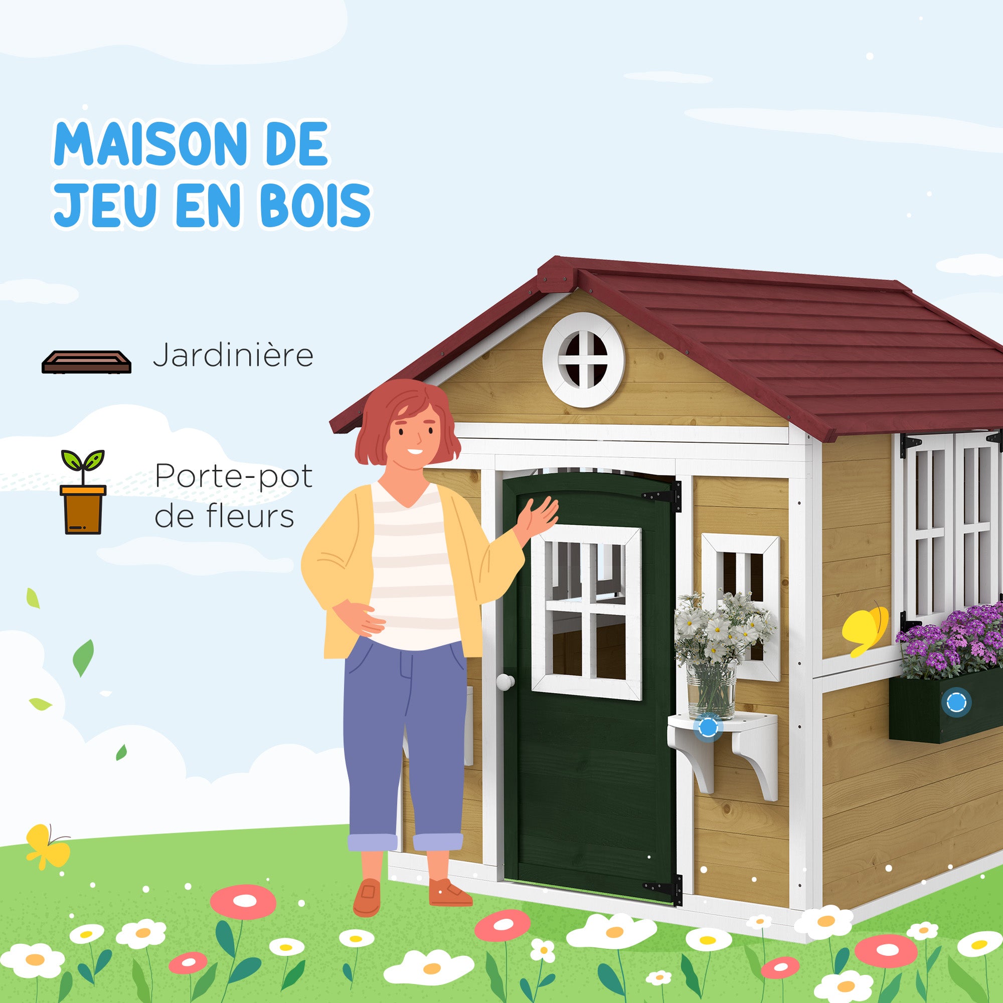 Kids Outdoor Cabin, Outdoor Kids House, with door, windows, and planters, garden cabin for children 3-8 years old, 114 x 126.4 x 135 cm, beige