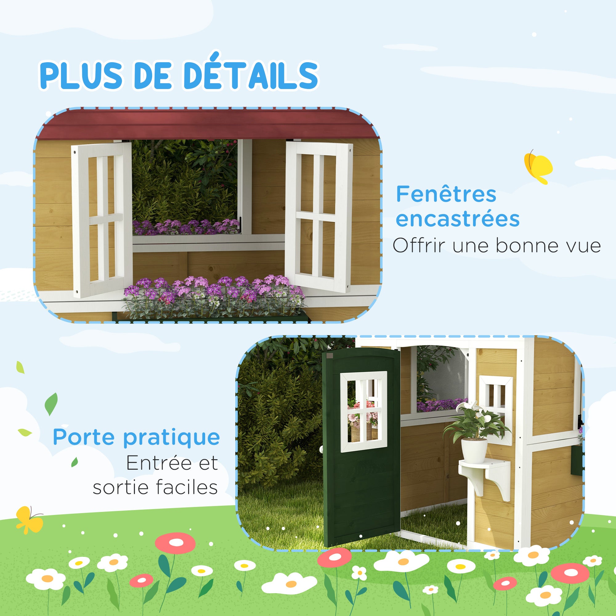 Kids Outdoor Cabin, Outdoor Kids House, with door, windows, and planters, garden cabin for children 3-8 years old, 114 x 126.4 x 135 cm, beige