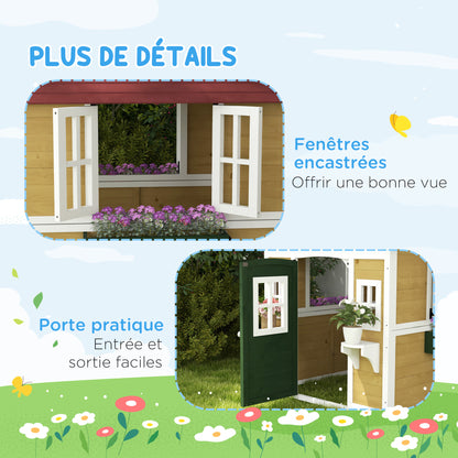 Kids Outdoor Cabin, Outdoor Kids House, with door, windows, and planters, garden cabin for children 3-8 years old, 114 x 126.4 x 135 cm, beige