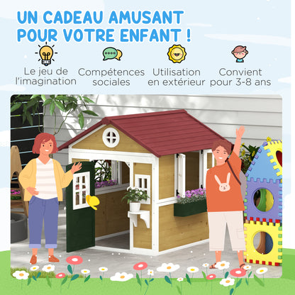 Kids Outdoor Cabin, Outdoor Kids House, with door, windows, and planters, garden cabin for children 3-8 years old, 114 x 126.4 x 135 cm, beige