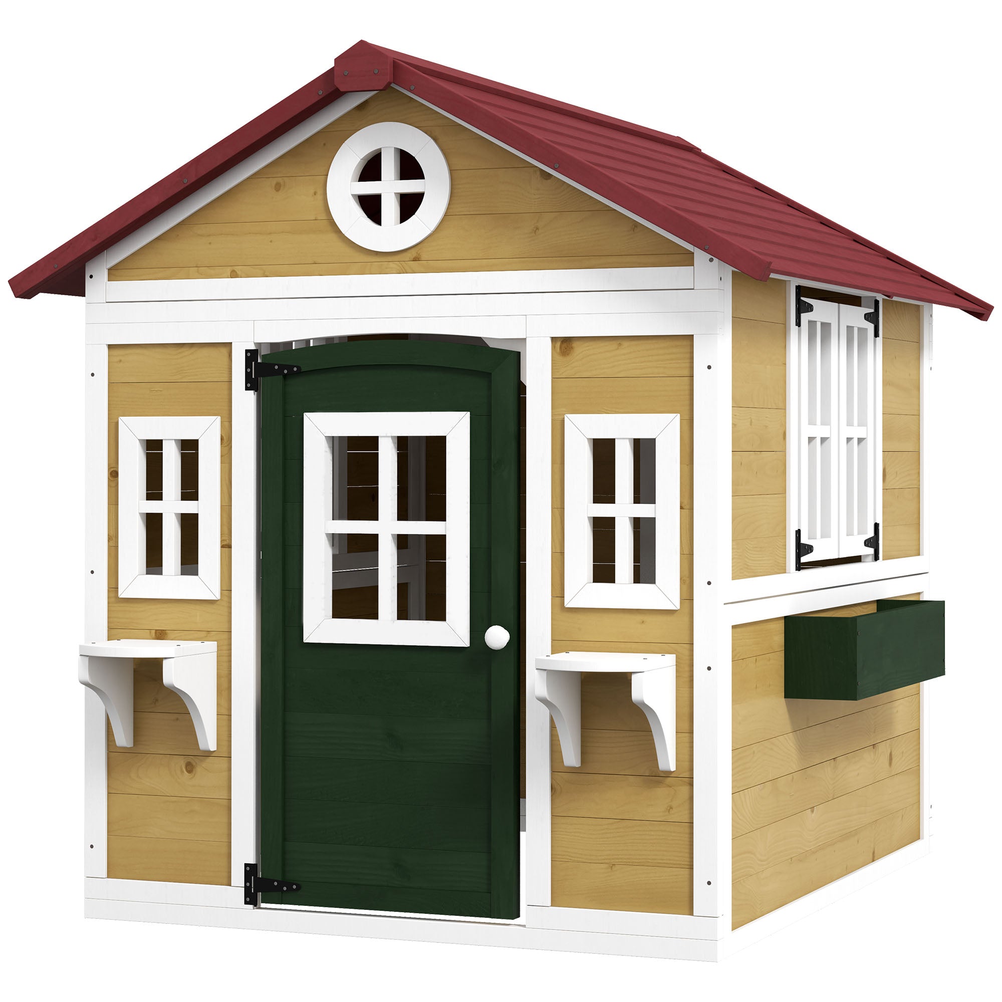 Kids Outdoor Cabin, Outdoor Kids House, with door, windows, and planters, garden cabin for children 3-8 years old, 114 x 126.4 x 135 cm, beige