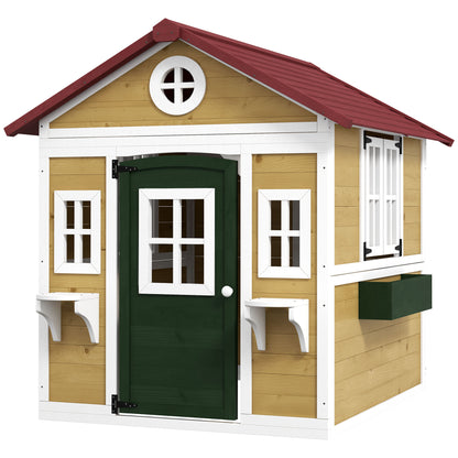 Kids Outdoor Cabin, Outdoor Kids House, with door, windows, and planters, garden cabin for children 3-8 years old, 114 x 126.4 x 135 cm, beige
