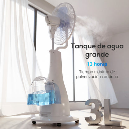 Misting Pedestal Fan, 90W — 75° Oscillation, 3 Speeds, 5-Blade, 3 Modes, 3L Water Tank, 7.5h Timer, Remote Control, 5 Wheels, White