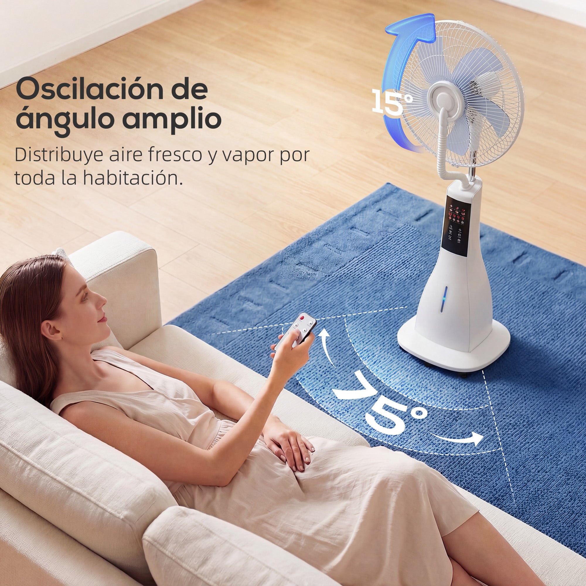 Misting Pedestal Fan, 90W — 75° Oscillation, 3 Speeds, 5-Blade, 3 Modes, 3L Water Tank, 7.5h Timer, Remote Control, 5 Wheels, White