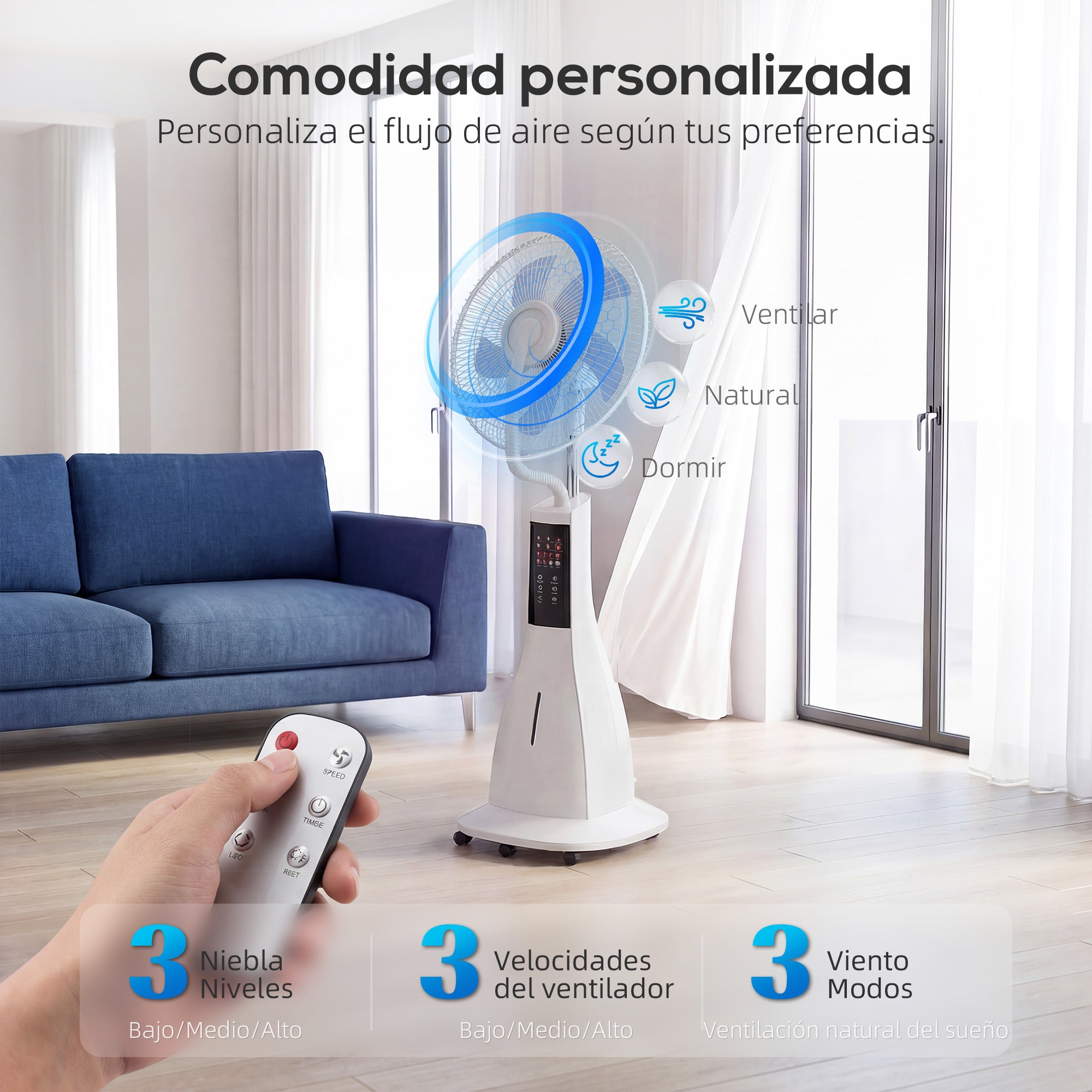 Misting Pedestal Fan, 90W — 75° Oscillation, 3 Speeds, 5-Blade, 3 Modes, 3L Water Tank, 7.5h Timer, Remote Control, 5 Wheels, White
