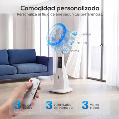 Misting Pedestal Fan, 90W — 75° Oscillation, 3 Speeds, 5-Blade, 3 Modes, 3L Water Tank, 7.5h Timer, Remote Control, 5 Wheels, White