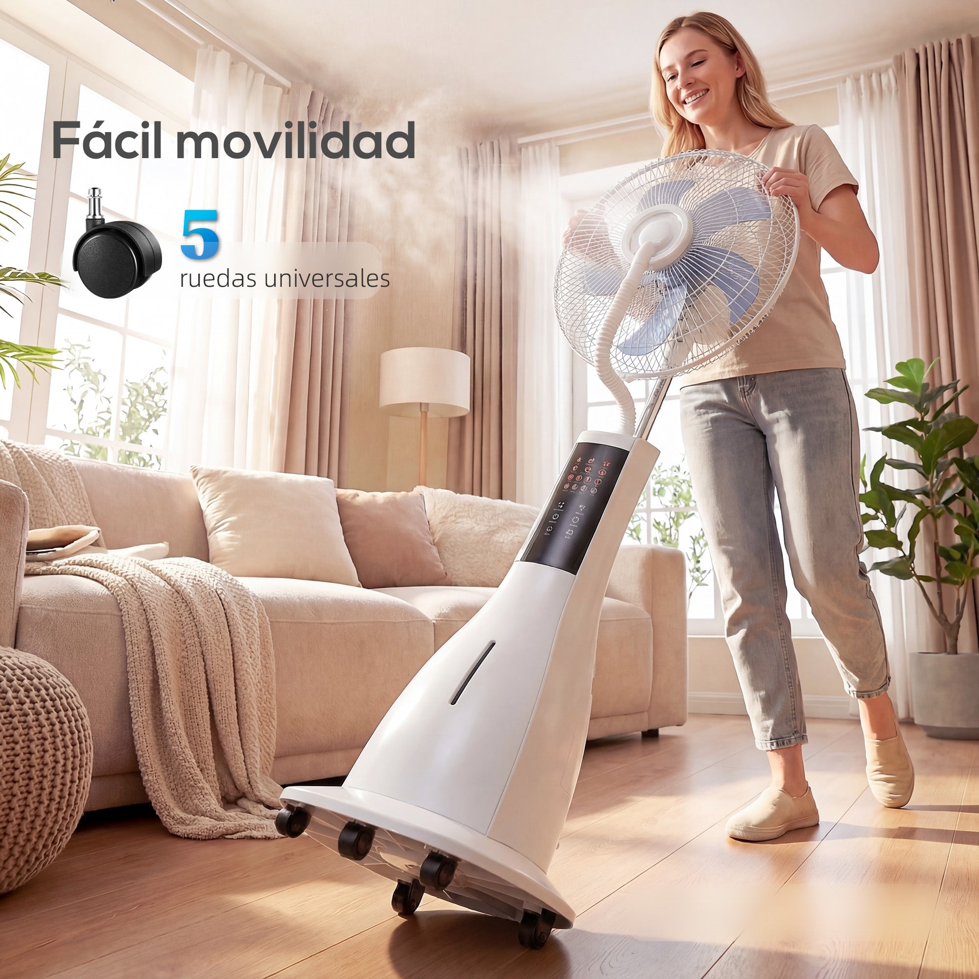 Misting Pedestal Fan, 90W — 75° Oscillation, 3 Speeds, 5-Blade, 3 Modes, 3L Water Tank, 7.5h Timer, Remote Control, 5 Wheels, White