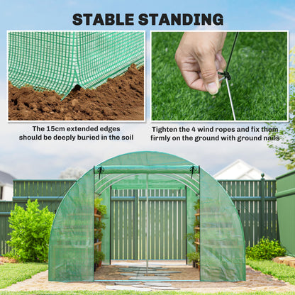 Tunnel Garden Greenhouse, approx. 129 sq ft (12 m²) — 295 × 400 × 200 cm (approx. 9 ft 8 in × 13 ft 1 in × 6 ft 7 in), Galvanized Steel Frame, 2 Roll-Up Doors & 8 Mesh Windows, High-Density 140 gsm PE Cover — Green