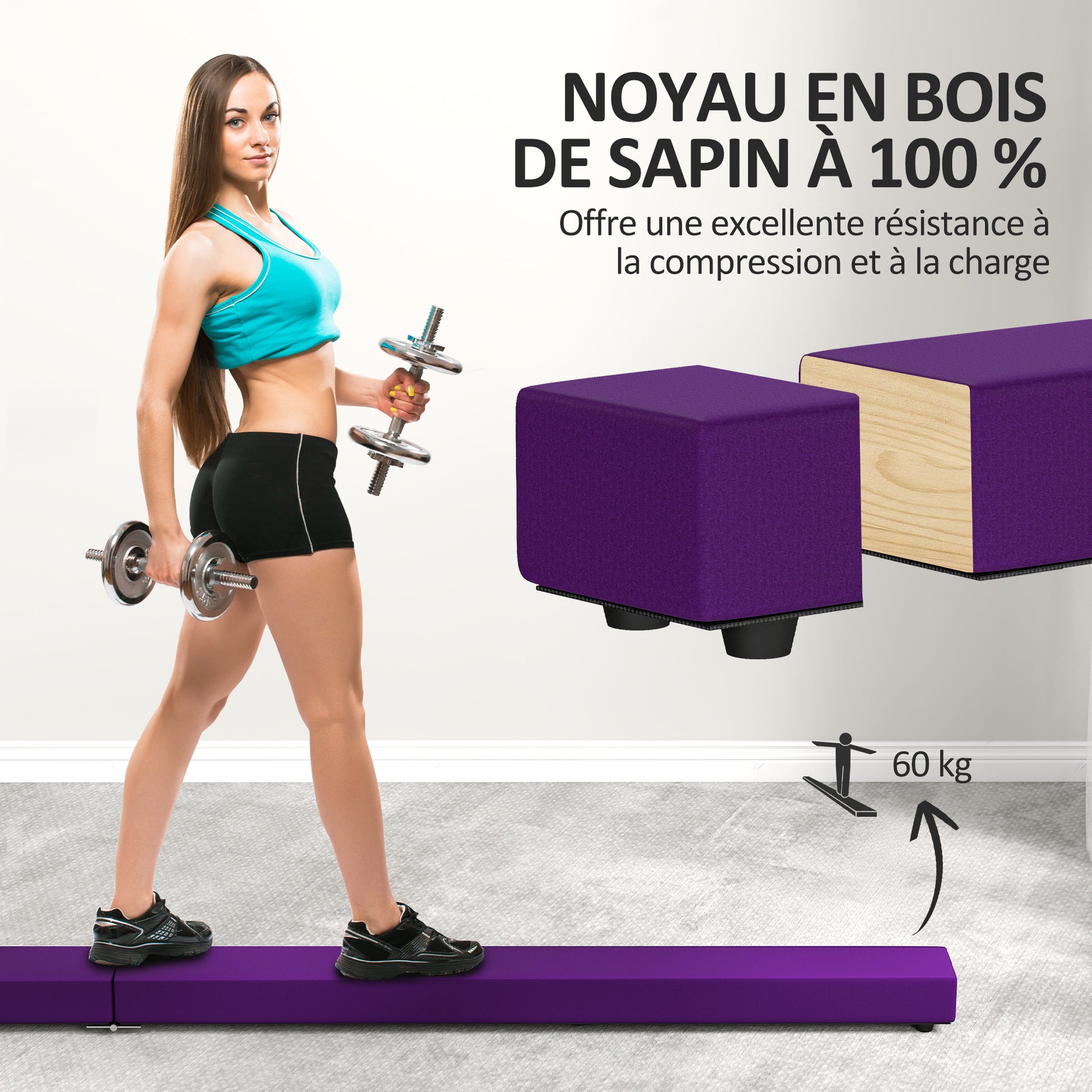 SPORTNOW Folding Gymnastics Beam 210 cm in Velvet, Balance Beam with Non-Slip Base, Gymnastics Training Equipment for Kids and Adults, Violet