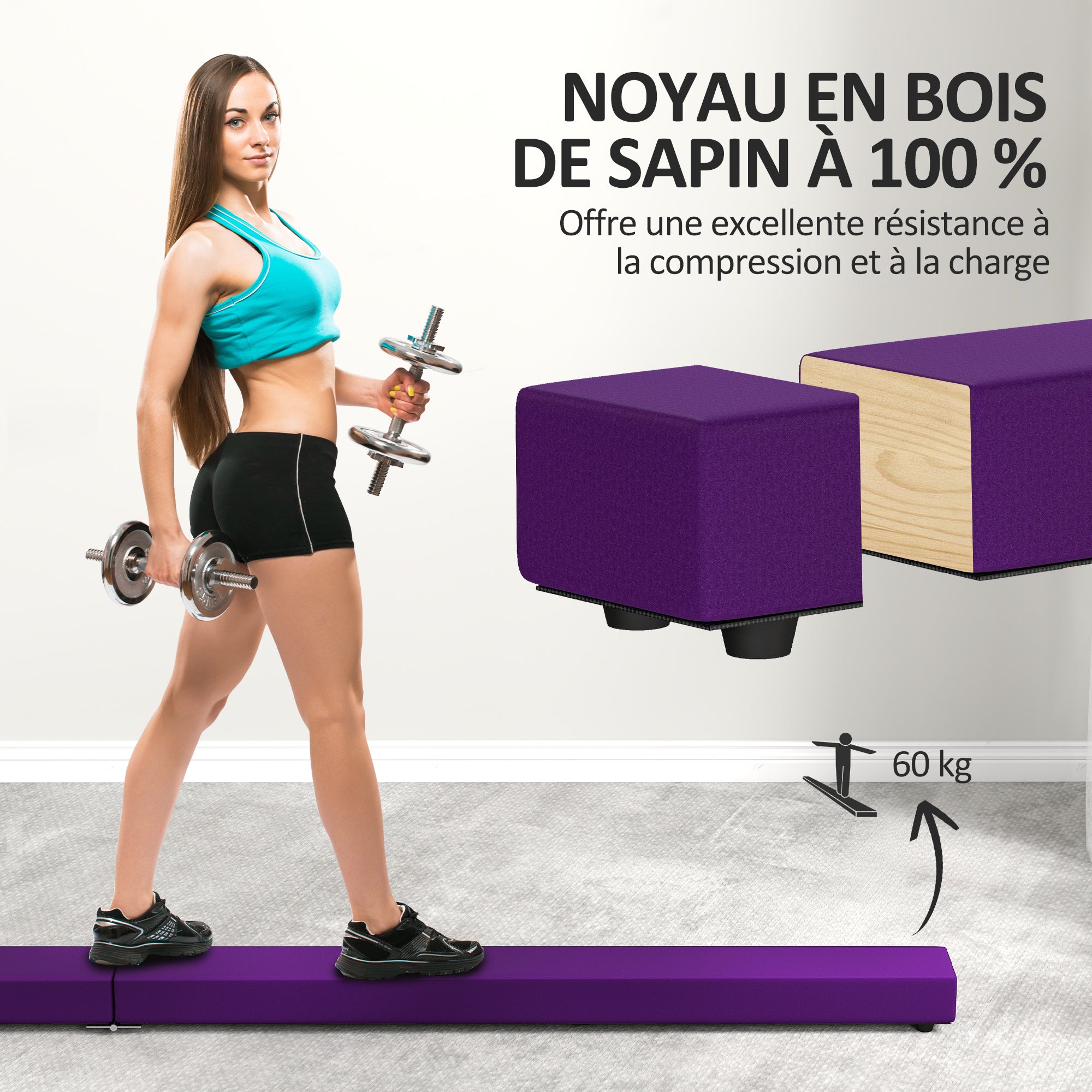 SPORTNOW Folding Gymnastics Beam 210 cm in Velvet, Balance Beam with Non-Slip Base, Gymnastics Training Equipment for Kids and Adults, Violet