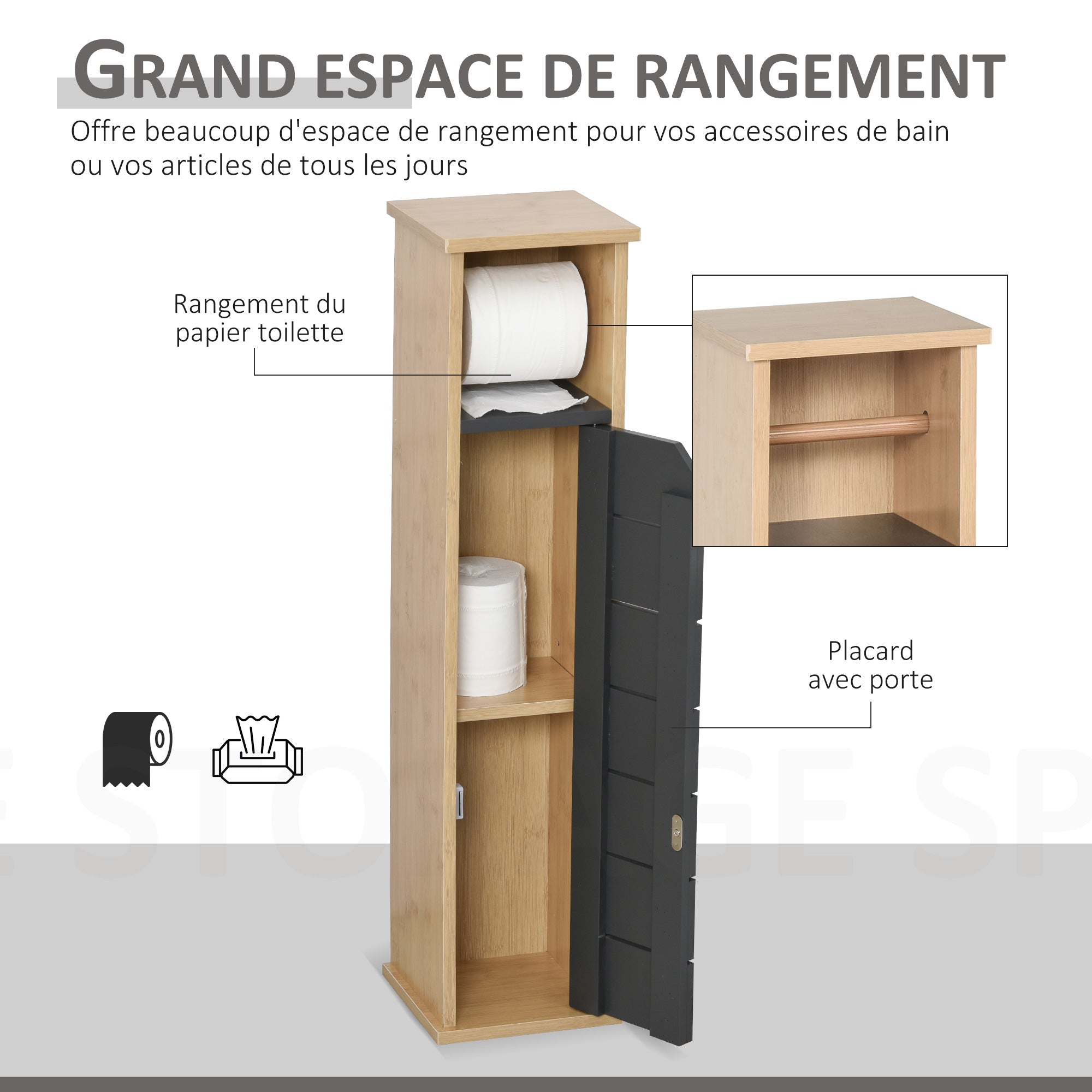 Toilet Paper Holder Stand - Toilet Paper Holder - Toilet Paper Cabinet - 2 Levels + Paper Outlet MDF Gray Bamboo