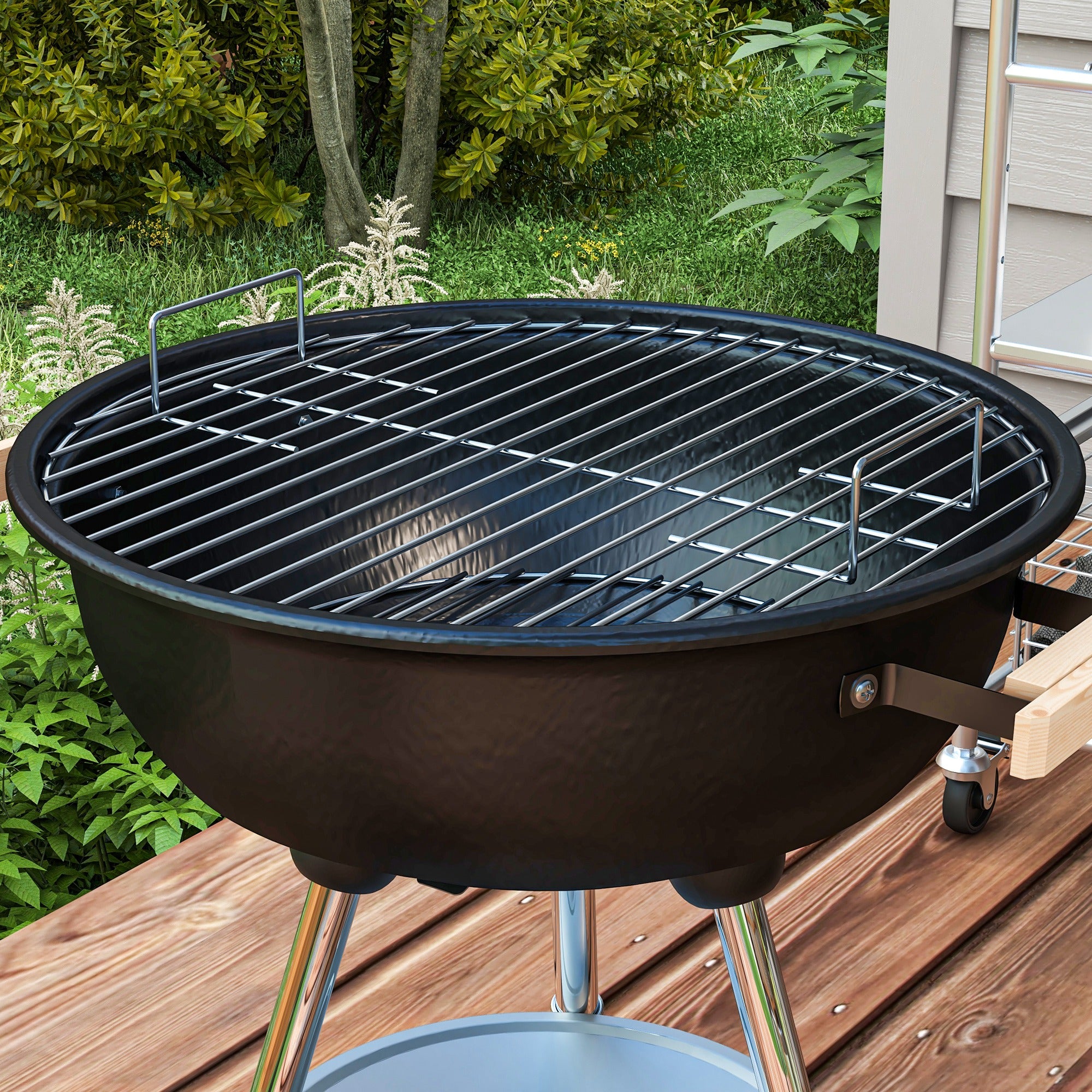Charcoal BBQ Grill with Wheels Portable Charcoal Barbecue Grill with Enameled Lid and Bowl Wooden Handles 48x56x85cm for Outdoor Garden Picnic Camping
