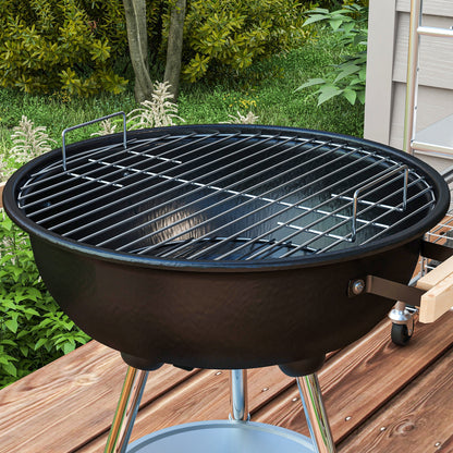 Charcoal BBQ Grill with Wheels Portable Charcoal Barbecue Grill with Enameled Lid and Bowl Wooden Handles 48x56x85cm for Outdoor Garden Picnic Camping