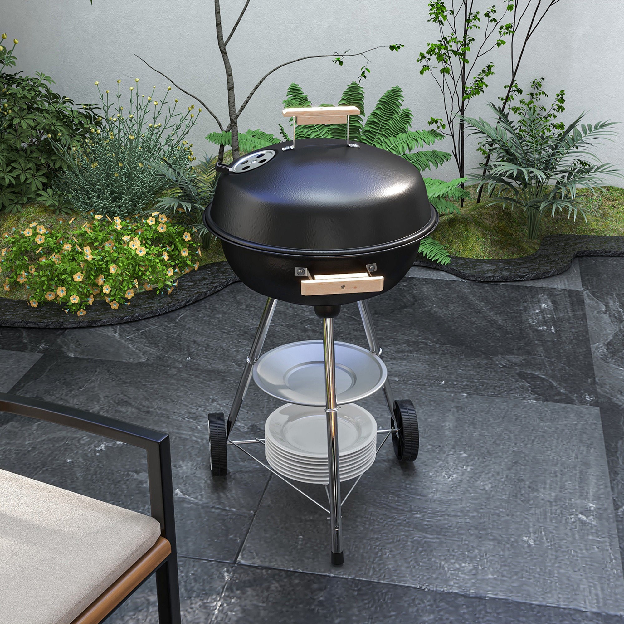 Charcoal BBQ Grill with Wheels Portable Charcoal Barbecue Grill with Enameled Lid and Bowl Wooden Handles 48x56x85cm for Outdoor Garden Picnic Camping