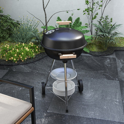 Charcoal BBQ Grill with Wheels Portable Charcoal Barbecue Grill with Enameled Lid and Bowl Wooden Handles 48x56x85cm for Outdoor Garden Picnic Camping