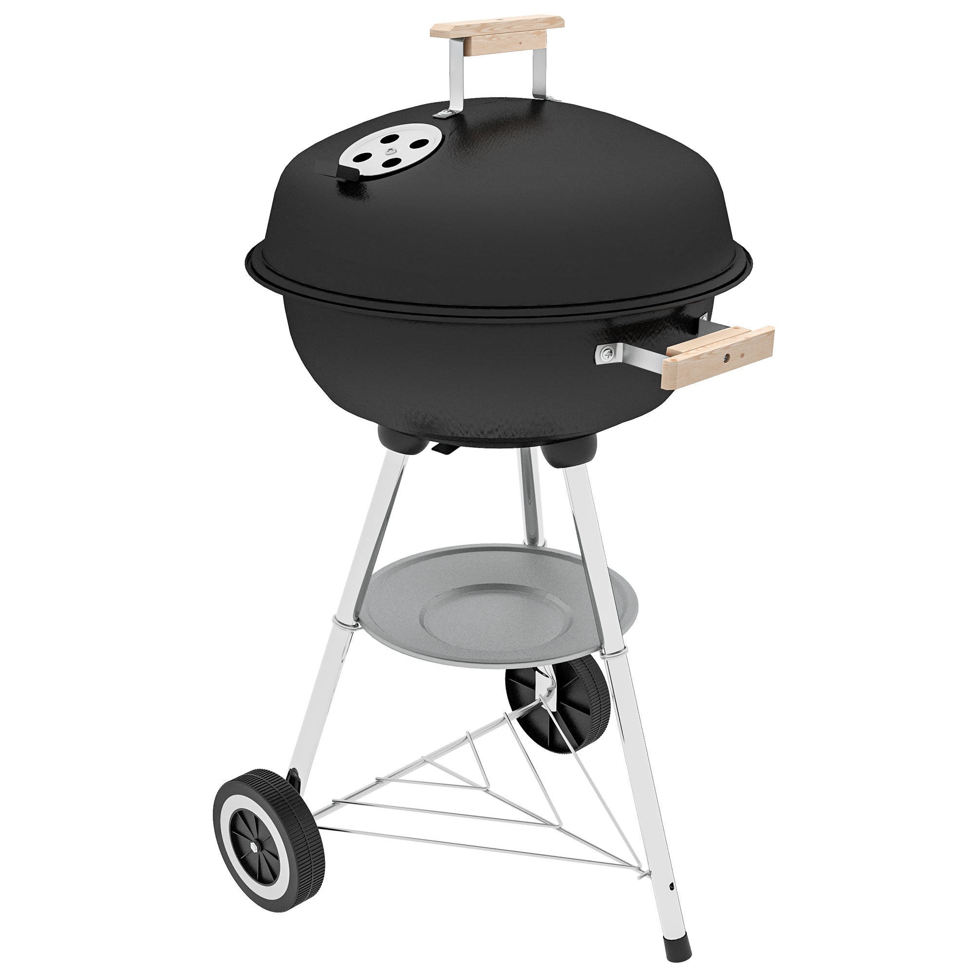 Charcoal BBQ Grill with Wheels Portable Charcoal Barbecue Grill with Enameled Lid and Bowl Wooden Handles 48x56x85cm for Outdoor Garden Picnic Camping