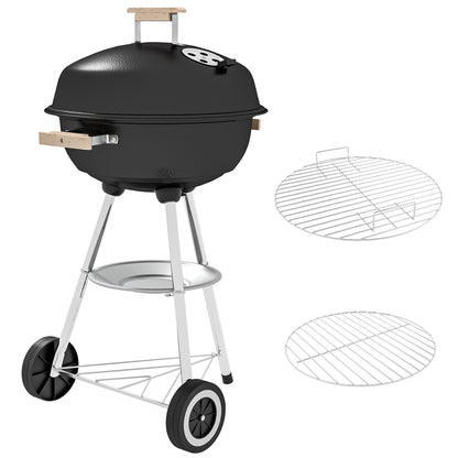 Charcoal BBQ Grill with Wheels Portable Charcoal Barbecue Grill with Enameled Lid and Bowl Wooden Handles 48x56x85cm for Outdoor Garden Picnic Camping