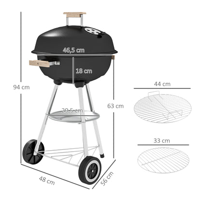 Charcoal BBQ Grill with Wheels Portable Charcoal Barbecue Grill with Enameled Lid and Bowl Wooden Handles 48x56x85cm for Outdoor Garden Picnic Camping