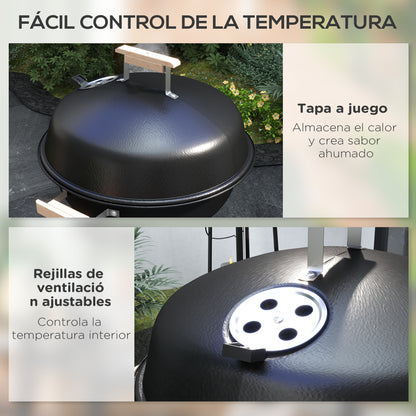 Charcoal BBQ Grill with Wheels Portable Charcoal Barbecue Grill with Enameled Lid and Bowl Wooden Handles 48x56x85cm for Outdoor Garden Picnic Camping