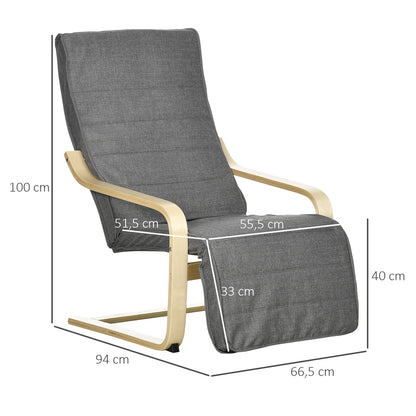 Armchair Living Room Relaxation Armchair Lounge Armchair Reclining Armchair with Armrests made of Birch Wood, 5-way adjustable footrest, Reading Armchair with Linen Look, Upholstered Armchair for Bedroom, Gray