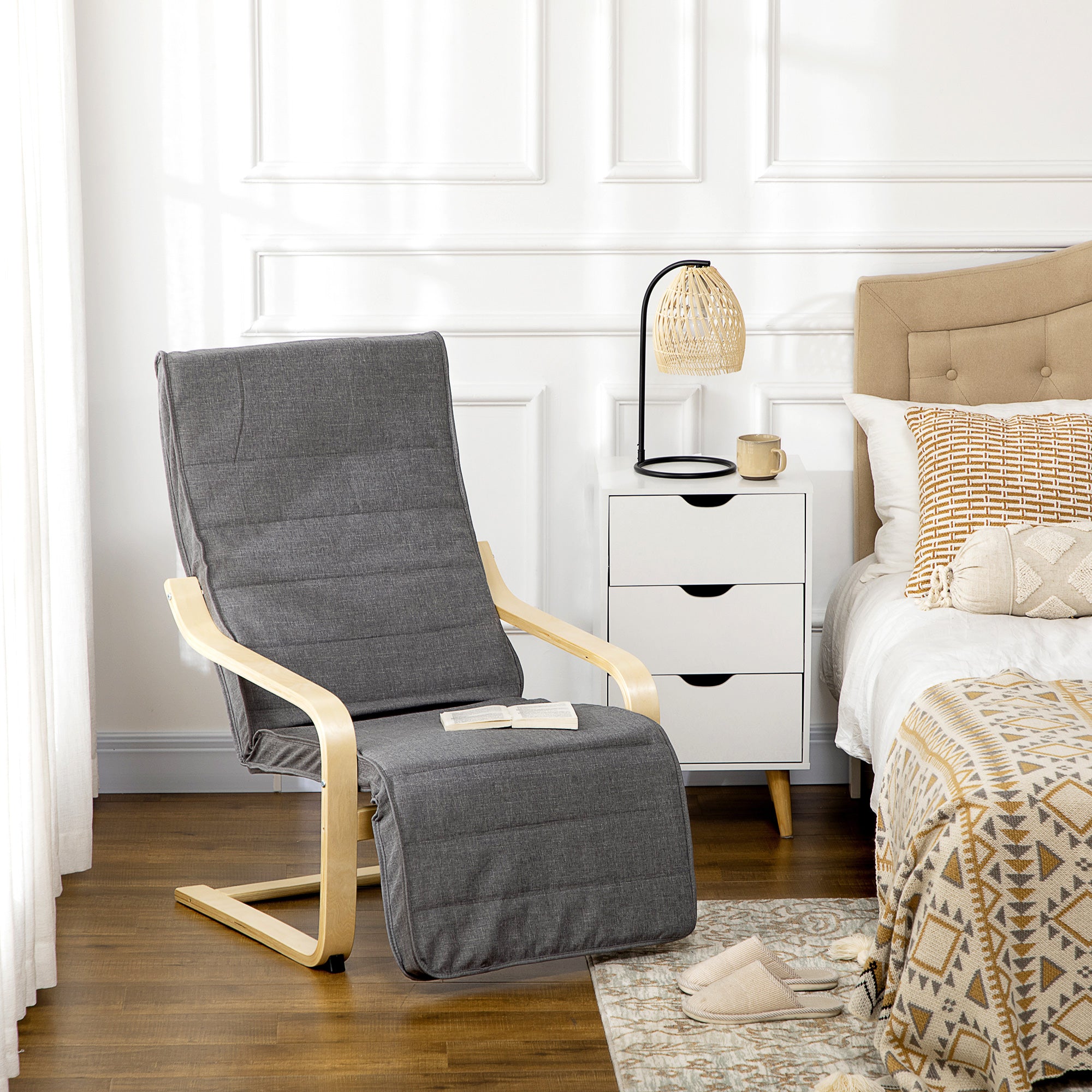 Armchair Living Room Relaxation Armchair Lounge Armchair Reclining Armchair with Armrests made of Birch Wood, 5-way adjustable footrest, Reading Armchair with Linen Look, Upholstered Armchair for Bedroom, Gray