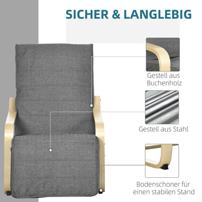 Armchair Living Room Relaxation Armchair Lounge Armchair Reclining Armchair with Armrests made of Birch Wood, 5-way adjustable footrest, Reading Armchair with Linen Look, Upholstered Armchair for Bedroom, Gray