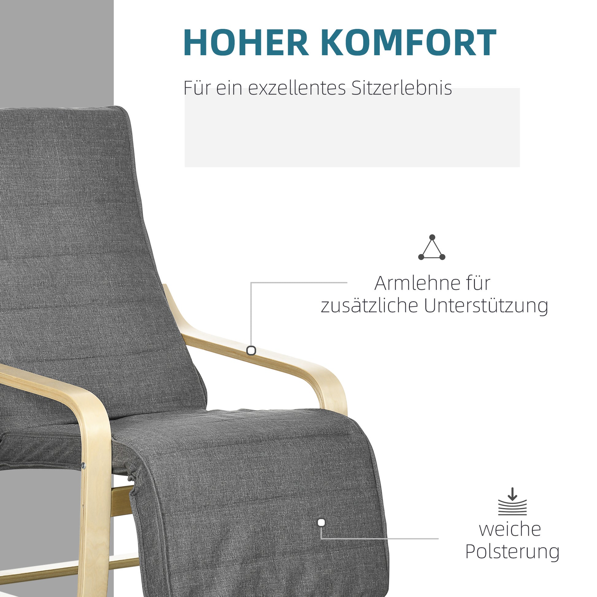 Armchair Living Room Relaxation Armchair Lounge Armchair Reclining Armchair with Armrests made of Birch Wood, 5-way adjustable footrest, Reading Armchair with Linen Look, Upholstered Armchair for Bedroom, Gray