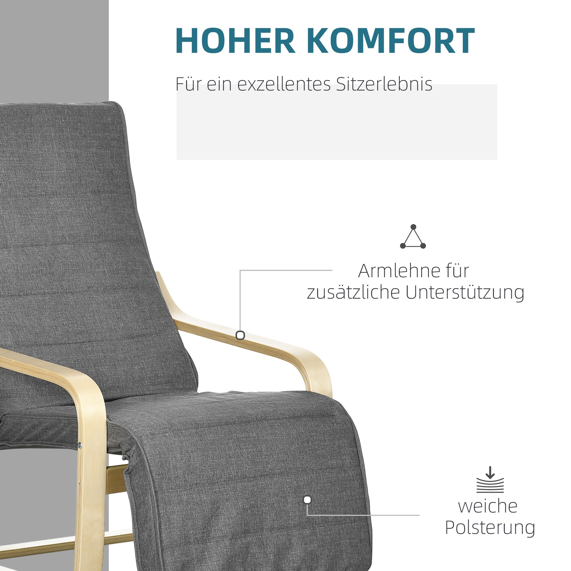 Armchair Living Room Relaxation Armchair Lounge Armchair Reclining Armchair with Armrests made of Birch Wood, 5-way adjustable footrest, Reading Armchair with Linen Look, Upholstered Armchair for Bedroom, Gray