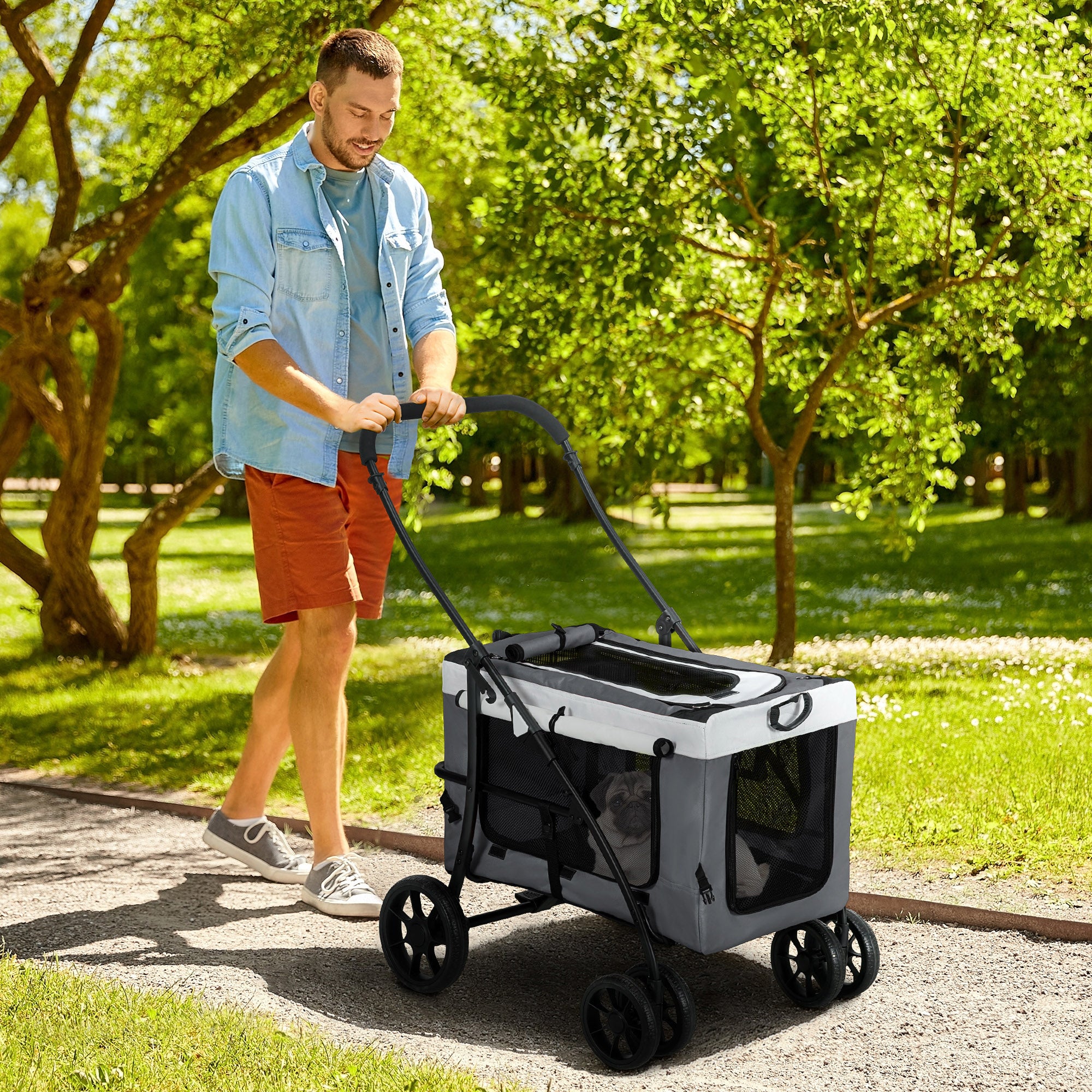 2 in 1 Dog Stroller Pet Buggy Foldable for Dogs & Cats up to 10kg Cat Buggy with Cushion Mesh Windows Doors Storage Basket Cat Carriage Buggy Gray