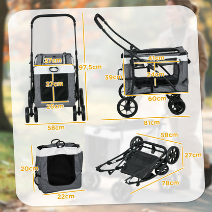 2 in 1 Dog Stroller Pet Buggy Foldable for Dogs & Cats up to 10kg Cat Buggy with Cushion Mesh Windows Doors Storage Basket Cat Carriage Buggy Gray