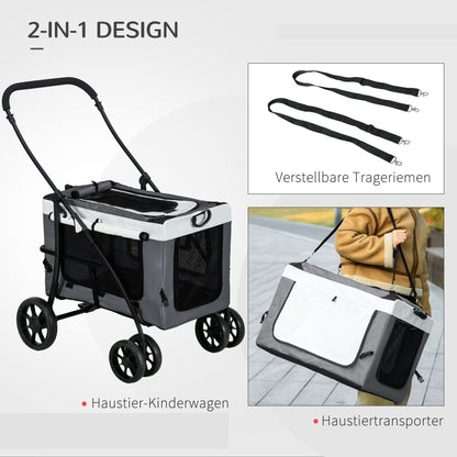 2 in 1 Dog Stroller Pet Buggy Foldable for Dogs & Cats up to 10kg Cat Buggy with Cushion Mesh Windows Doors Storage Basket Cat Carriage Buggy Gray