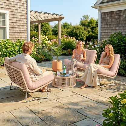 4-Piece Garden Furniture Set – PE Rattan Lounge with 2-Seater Sofa, 2 Chairs, Glass Table, Deep Seats & Thick Cushions, Modular Balcony/Patio Set for 4, Brown
