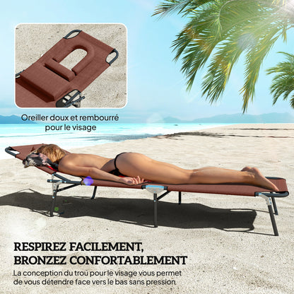 Folding Sun Lounger Reclining 4 Positions Chaise Longue with 3 Cushions Brown