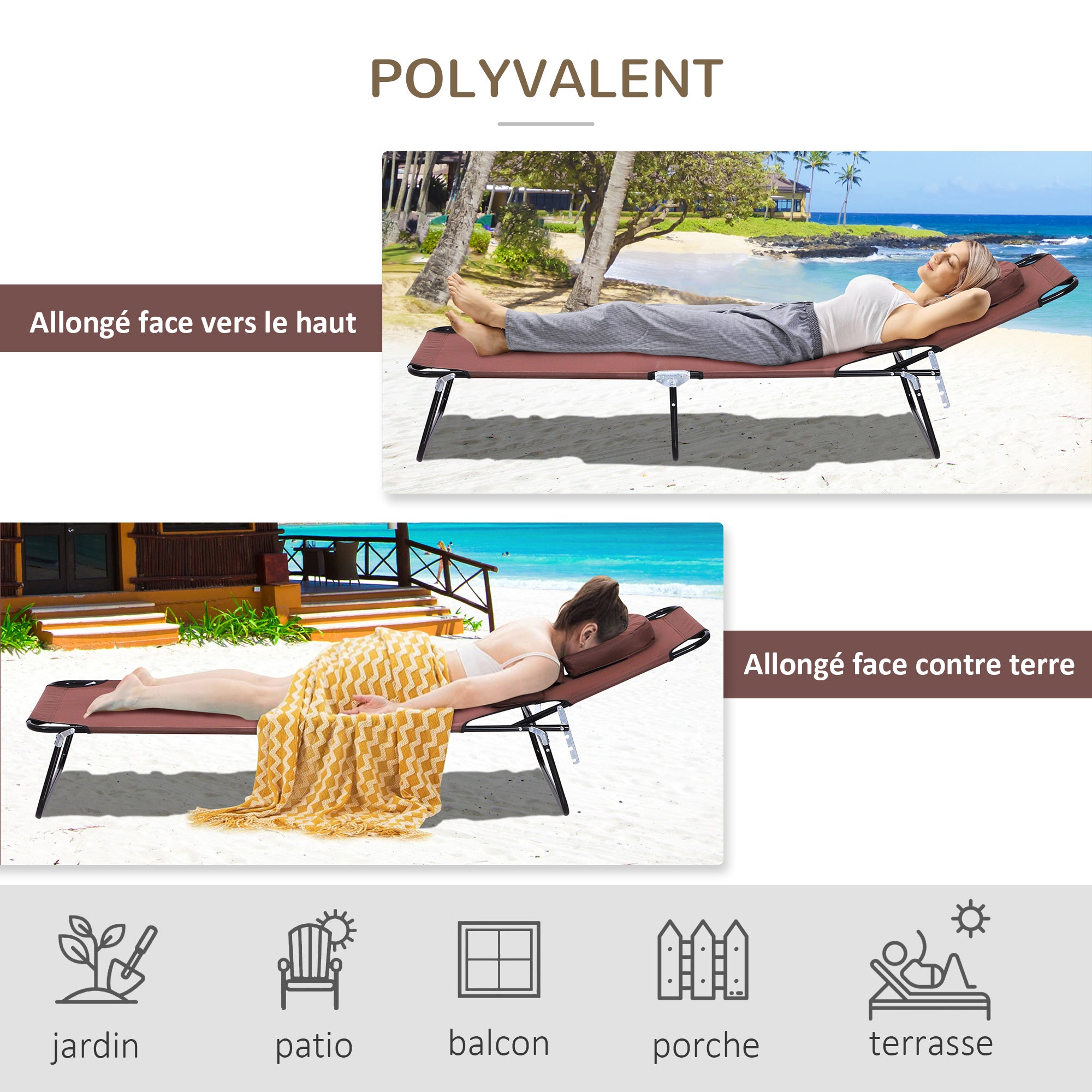Folding Sun Lounger Reclining 4 Positions Chaise Longue with 3 Cushions Brown