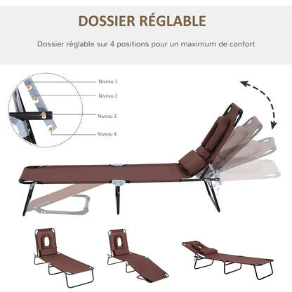 Folding Sun Lounger Reclining 4 Positions Chaise Longue with 3 Cushions Brown