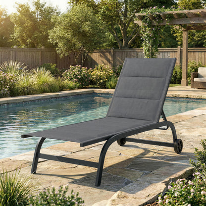 Aluminum Sun Lounger, 6-Position Adjustable Backrest with Wheels, 560 g/m² Textilene & Built-In Padding, Rust-Resistant Recliner for Patio, Pool, Garden, Beach — Dark Gray