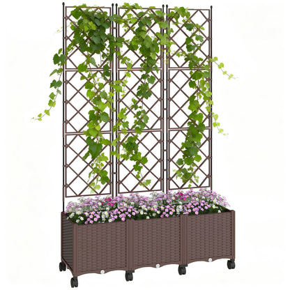 Raised Planter with Trellis, Large Outdoor Planter on Wheels for Climbing Plants, Drainage Holes & Plugs, Raised Garden Bed for Garden/Patio/Terrace, 120 x 40 x 192 cm, Brown