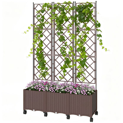 Raised Planter with Trellis, Large Outdoor Planter on Wheels for Climbing Plants, Drainage Holes & Plugs, Raised Garden Bed for Garden/Patio/Terrace, 120 x 40 x 192 cm, Brown