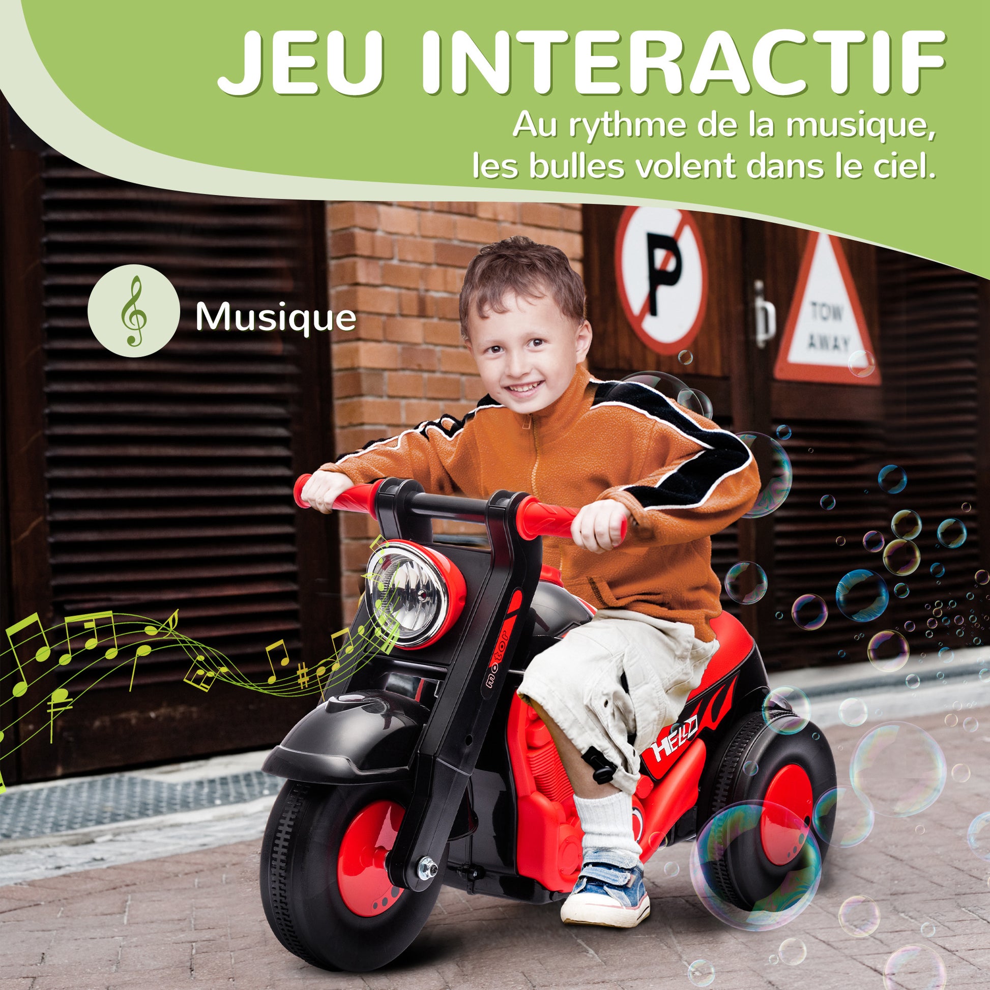 Child Rider with Bubbles and Music, Baby Rider Motorcycle 2 Years, Wide Wheels, Easy Transport, Scooter Balance Bike for Children 2-5 Years, Black