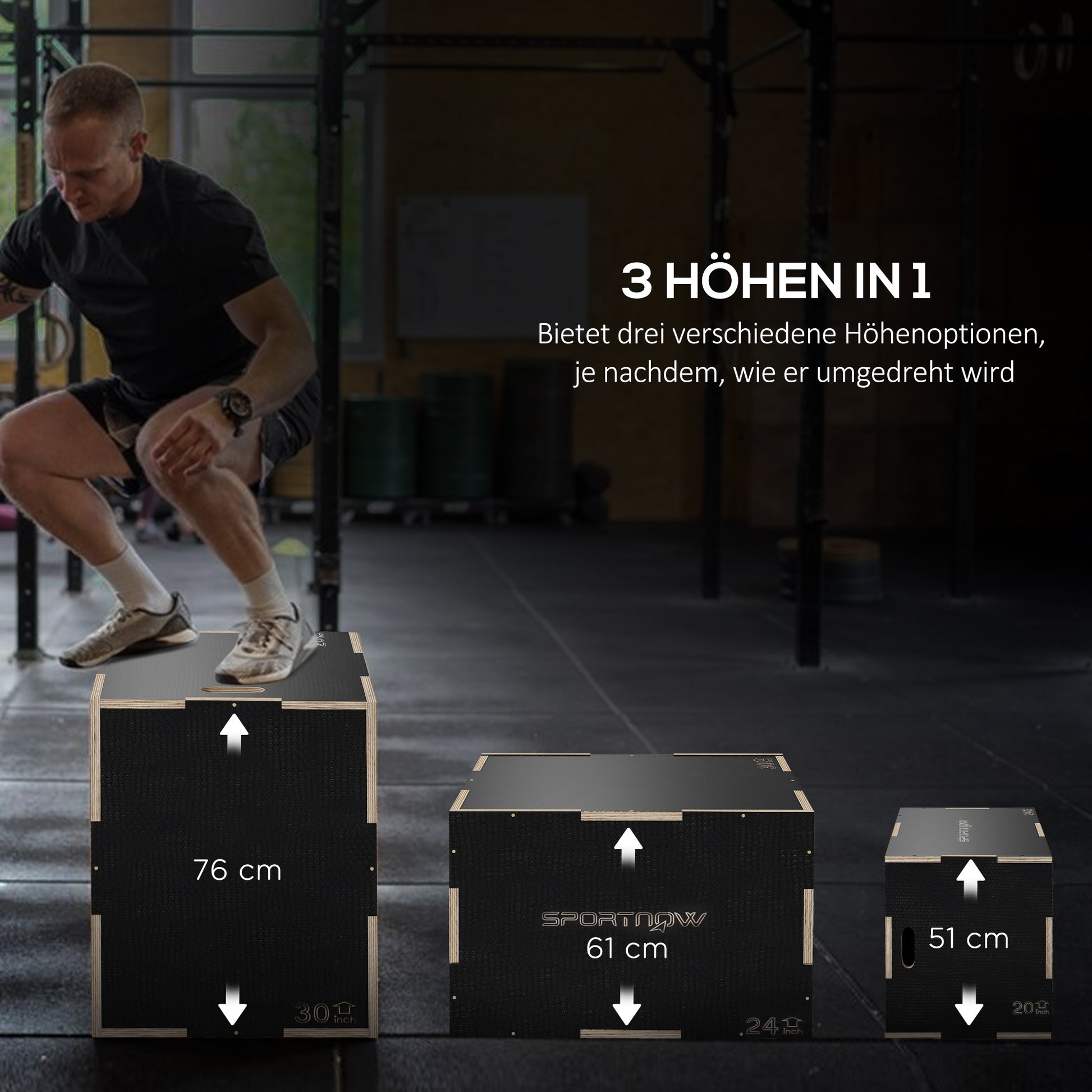 SPORTNOW 3 in 1 Plyo Box, Wooden Jump Box, Plyometric Platform with Handle, Plyometric Training, Jump Trainer for Home, Gym, 76 x 61 x 51 cm, Black