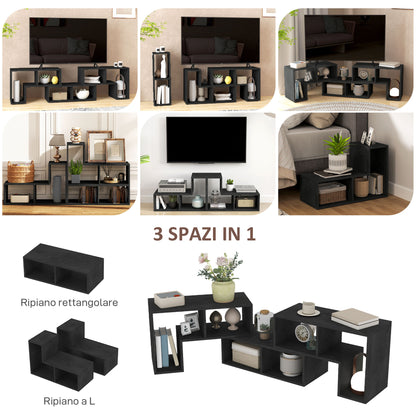 Mobile TV 75" Modular with 2 L-Shaped Shelves and Rectangular Shelf, Modern Chipboard TV Stand for Living Room, 134-180x30.5x44 cm, Black