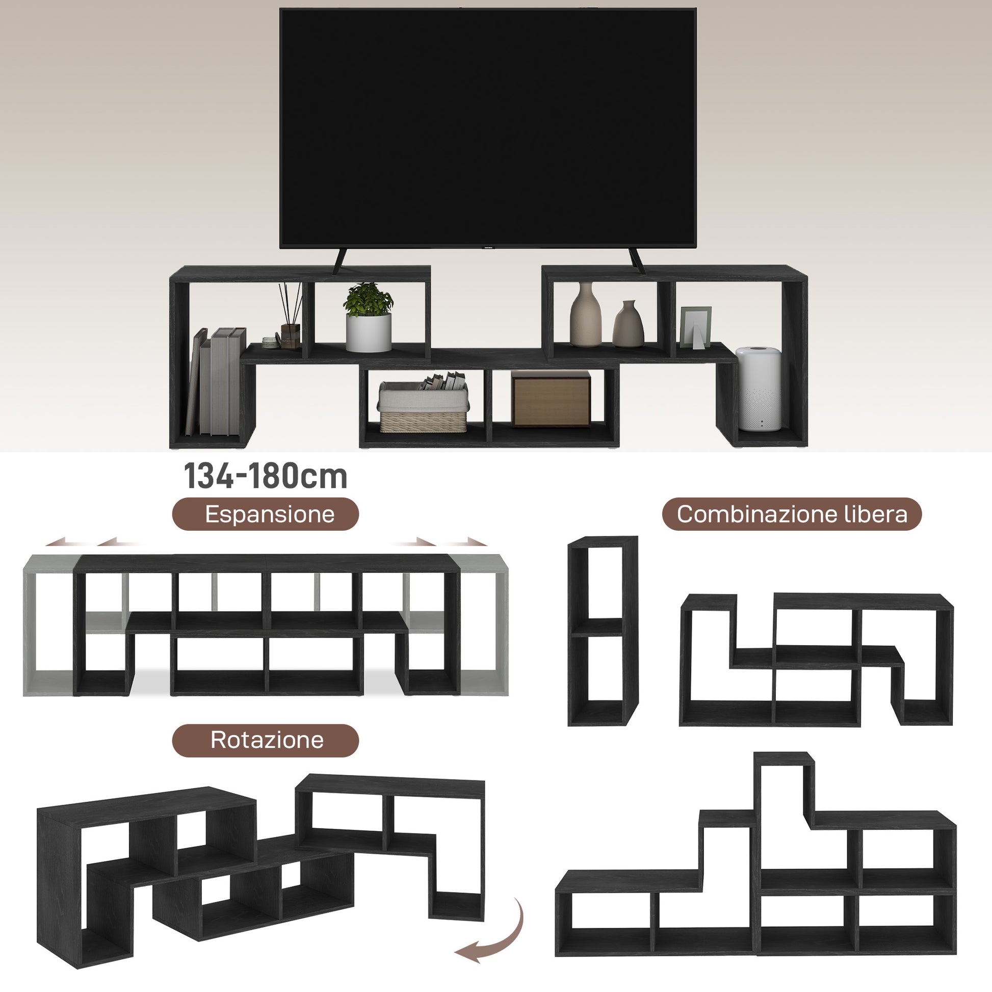Mobile TV 75" Modular with 2 L-Shaped Shelves and Rectangular Shelf, Modern Chipboard TV Stand for Living Room, 134-180x30.5x44 cm, Black