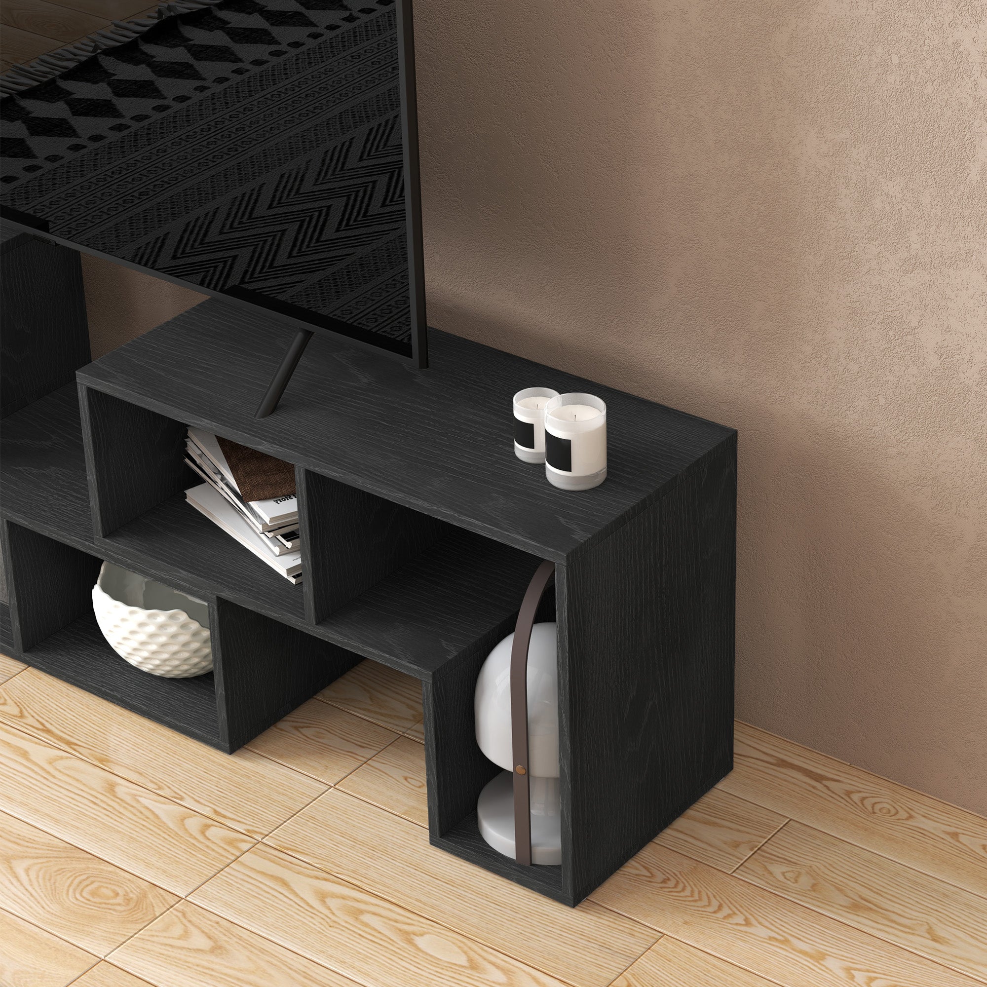 Mobile TV 75" Modular with 2 L-Shaped Shelves and Rectangular Shelf, Modern Chipboard TV Stand for Living Room, 134-180x30.5x44 cm, Black