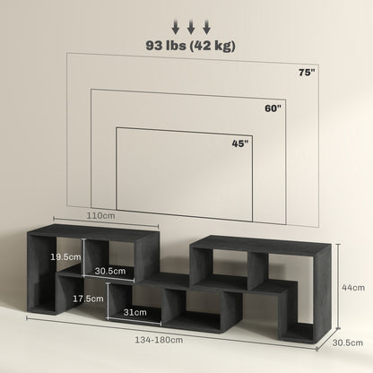 Mobile TV 75" Modular with 2 L-Shaped Shelves and Rectangular Shelf, Modern Chipboard TV Stand for Living Room, 134-180x30.5x44 cm, Black