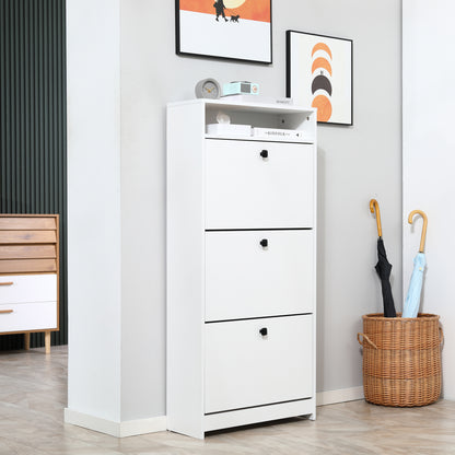 Shoe Cabinet 3 Flip Compartments (18 Pairs of Shoes) and 1 Storage Shelf Chipboard Wood White 60x24x132cm