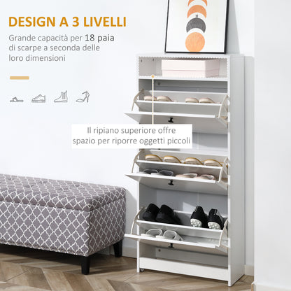 Shoe Cabinet 3 Flip Compartments (18 Pairs of Shoes) and 1 Storage Shelf Chipboard Wood White 60x24x132cm