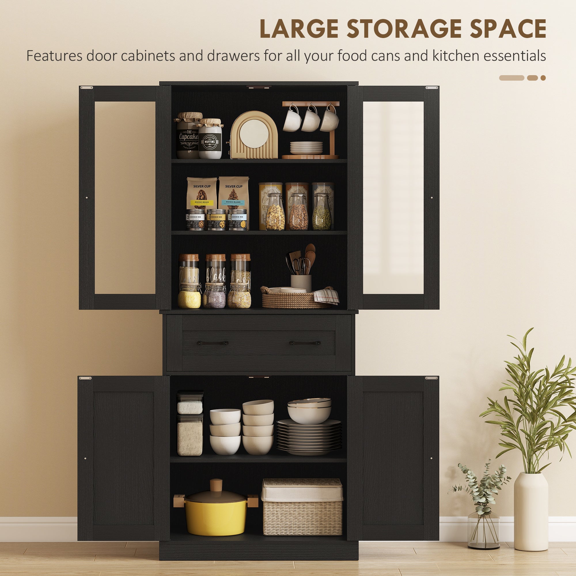 Tall Kitchen Cabinet Buffet with 2 Compartments, Acrylic Doors, Adjustable Shelf and Drawer, Pantry Cabinet for Kitchen/Living/Dining, Black, 76 x 40 x 182.5 cm (30 x 15.7 x 71.9 in)